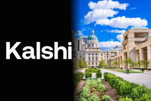 Logotipo da plataforma de mercado de previsão Kalshi ao lado do Indiana Statehouse em Indianápolis, ilustrando a disputa sobre supostas alegações de uso de informações privilegiadas envolvendo os mercados eleitorais políticos de Indiana. Kalshi nega investigação de bancos e Irlanda em Indiana em meio a escrutínio de informações privilegiadas