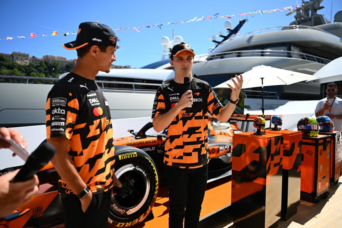 MONTE-CARLO, MONACO - JUNE 03: Lando Norris of Great Britain and McLaren and Oscar Piastri of Australia and McLaren make an appearance at a LEGO event during previews ahead of the F1 Grand Prix of Monaco at Circuit de Monaco on June 03, 2026 in Monte-Carlo, Monaco. (Photo by Manuel Eletto/Getty Images)