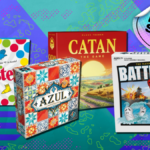 Jogos de tabuleiro Twister, Azul, Catan e Battleship com fundo azul e verde-azulado