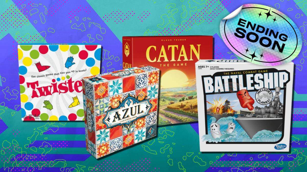 Jogos de tabuleiro Twister, Azul, Catan e Battleship com fundo azul e verde-azulado