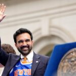 New York City Mayor Zohran Mamdani looks on during the New York Knicks championship ticker-tape parade and victory rally celebrating the team's first NBA title in 53 years, on June 18 in New York City. (Photo by Angelina Katsanis/Getty Images)