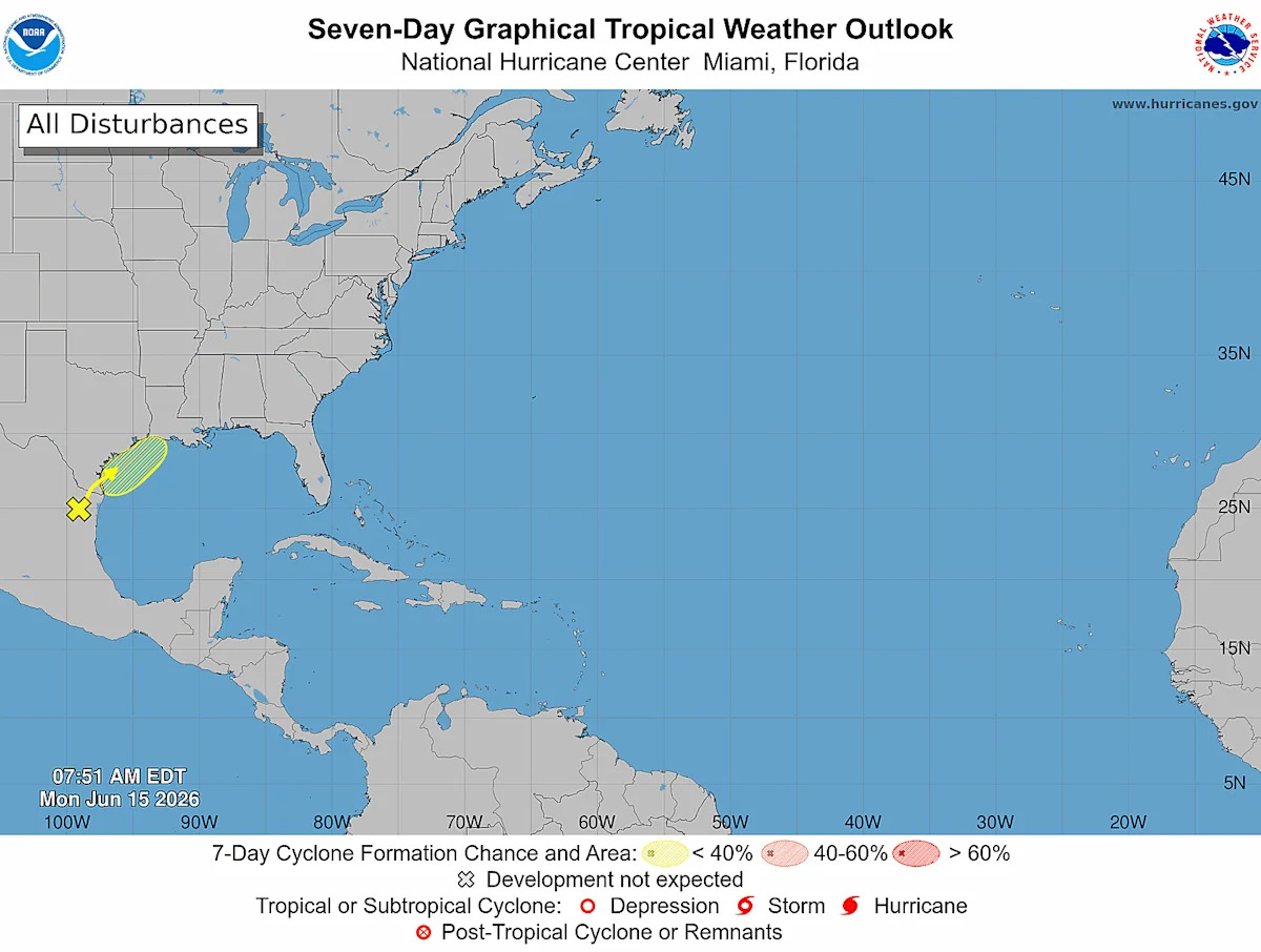 Prevê-se que um sistema meteorológico sobre o México (x amarelo) emerja no Golfo nos próximos dias. Poderia se tornar uma tempestade tropical.