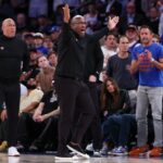 New York Knicks head coach Mike Brown reacts to play in Game 3 of 2026 NBA Finals