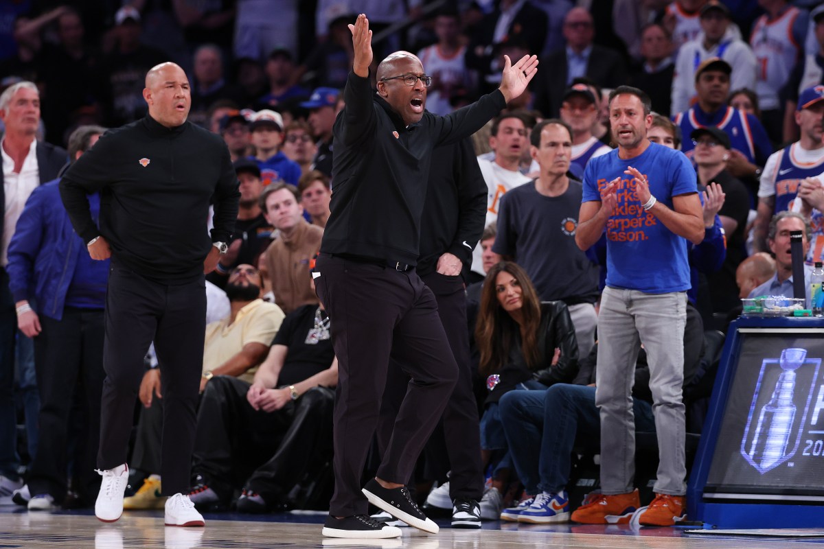 New York Knicks head coach Mike Brown reacts to play in Game 3 of 2026 NBA Finals