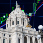 Edifício do Capitólio do Estado de Minnesota em St. Paul com gráficos do mercado financeiro e castiçais de negociação sobrepostos, ilustrando a batalha legal de Minnesota sobre os mercados de previsão, Kalshi, Polymarket e a proibição criminal do estado de apostas baseadas em eventos. Minnesota luta contra os desafios da legislação de mercado de previsão