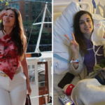 Aponte smiling while standing in front of a boat. Making a peace sign with her fingers in hospital.