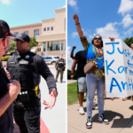 Left: A law enforcement official talks with an Austin Metcalf supporter in front of the Collin County courthouse after the verdict was reached in t he Karmelo Anthony trial Tuesday, June 9, 2026, in McKinney, Texas. Right: Supporters for Karmelo Anthony demonstrate in front of the Collin County courthouse Thursday, June 4, 2026, in McKinney, Texas.