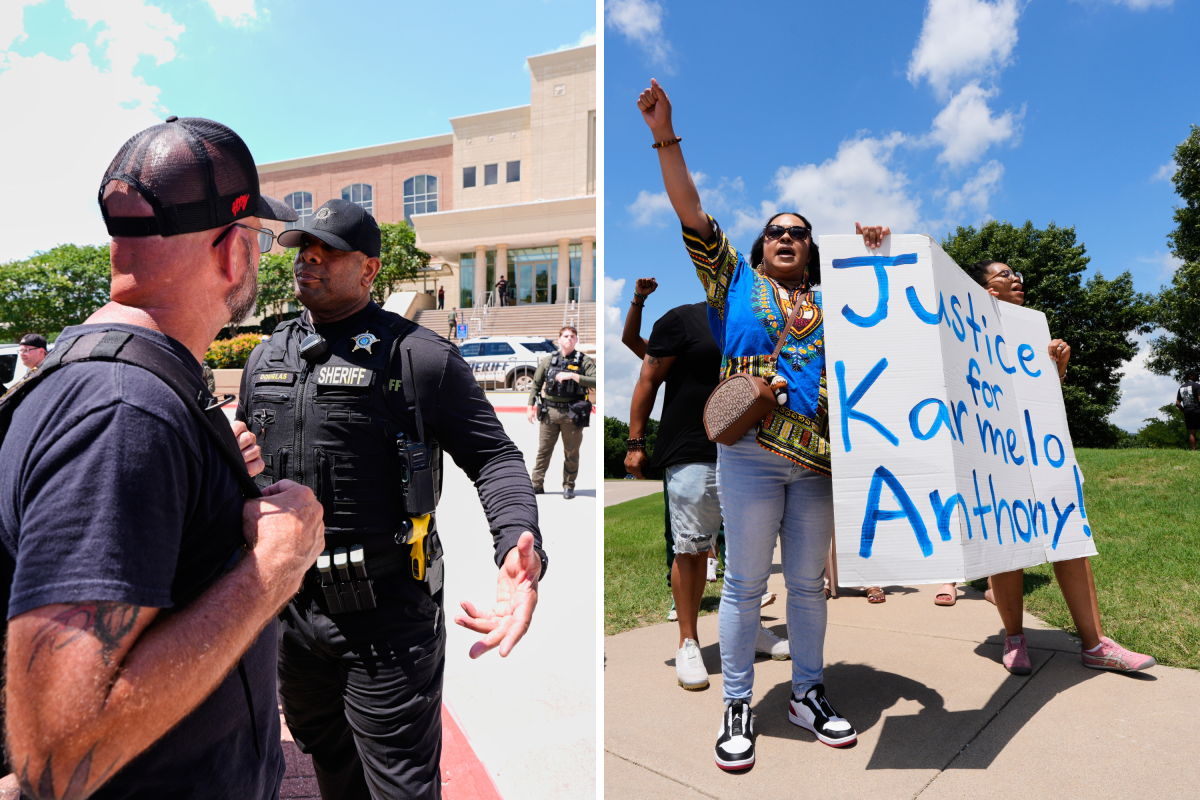 Left: A law enforcement official talks with an Austin Metcalf supporter in front of the Collin County courthouse after the verdict was reached in t he Karmelo Anthony trial Tuesday, June 9, 2026, in McKinney, Texas. Right: Supporters for Karmelo Anthony demonstrate in front of the Collin County courthouse Thursday, June 4, 2026, in McKinney, Texas.