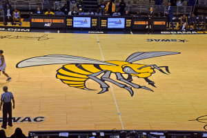 Visão ampla da quadra de basquete do Alabama State Hornets com o grande logotipo do hornet na quadra central, ligada às descobertas da NCAA envolvendo ex-jogadores do estado do Alabama na investigação de manipulação de apostas no sul do Mississippi.