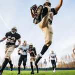 O jogador de futebol universitário salta para pegar um passe durante o jogo, enquanto o debate sobre apostas de jogadores da NCAA destaca as preocupações sobre o bem-estar dos atletas universitários e a integridade das apostas esportivas. NCAA e casas de apostas esportivas entram em conflito perante a Indiana Gaming Commission por causa de apostas em jogadores universitários