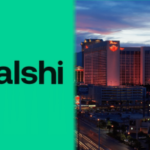Logotipo de Kalshi ao lado do horizonte de Las Vegas enquanto os reguladores de Nevada buscam sanções por desacato sobre contratos de mercado de previsão e aplicação da lei de jogos.