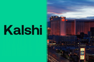 Logotipo de Kalshi ao lado do horizonte de Las Vegas enquanto os reguladores de Nevada buscam sanções por desacato sobre contratos de mercado de previsão e aplicação da lei de jogos.