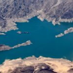Aerial view of Lake Mead's Boulder Basin shows the bathtub ring, an indicator of long-term water loss, on July 3, 2025.