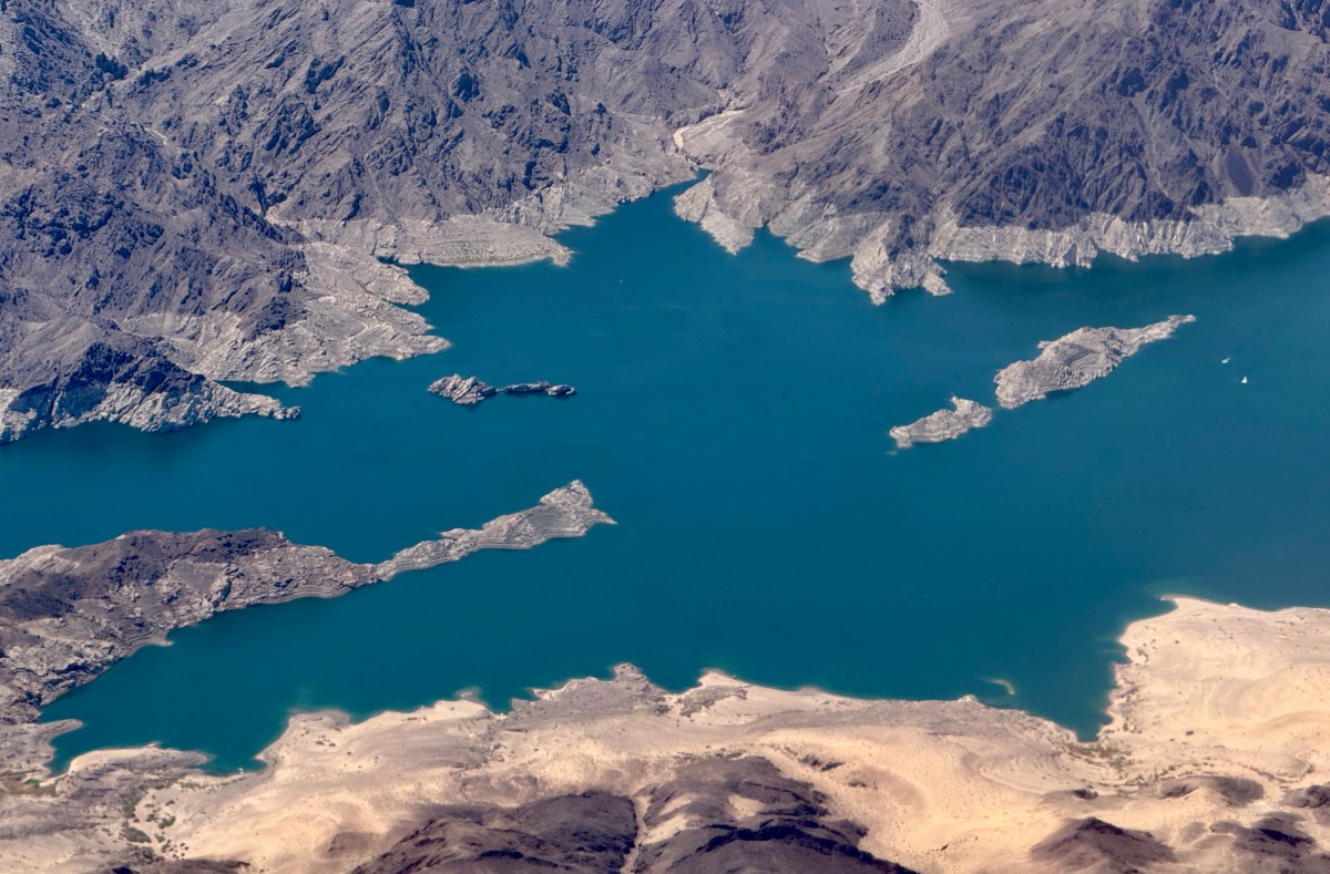 Aerial view of Lake Mead's Boulder Basin shows the bathtub ring, an indicator of long-term water loss, on July 3, 2025.