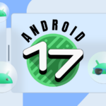 Gráfico do Android 17 apresentando o mascote do Android atrás do número 17 segurando uma esfera verde estampada.