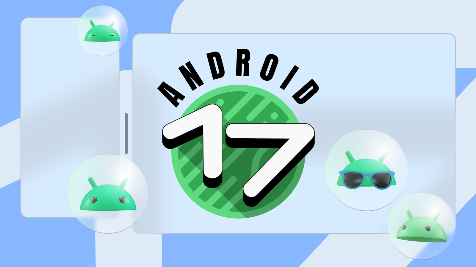 Gráfico do Android 17 apresentando o mascote do Android atrás do número 17 segurando uma esfera verde estampada.