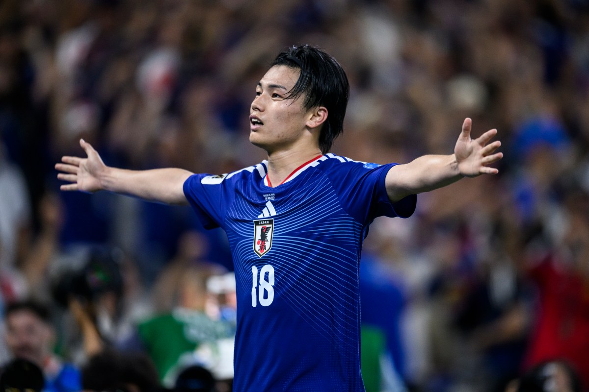 ARLINGTON, TEXAS - JUNE 25: Daizen Maeda #11 of Japan celebrates scoring his team's first goal during the FIFA World Cup 2026 Group F match between Japan and Sweden at Dallas Stadium on June 25, 2026 in Arlington, Texas. (Photo by Alex Slitz/Getty Images)