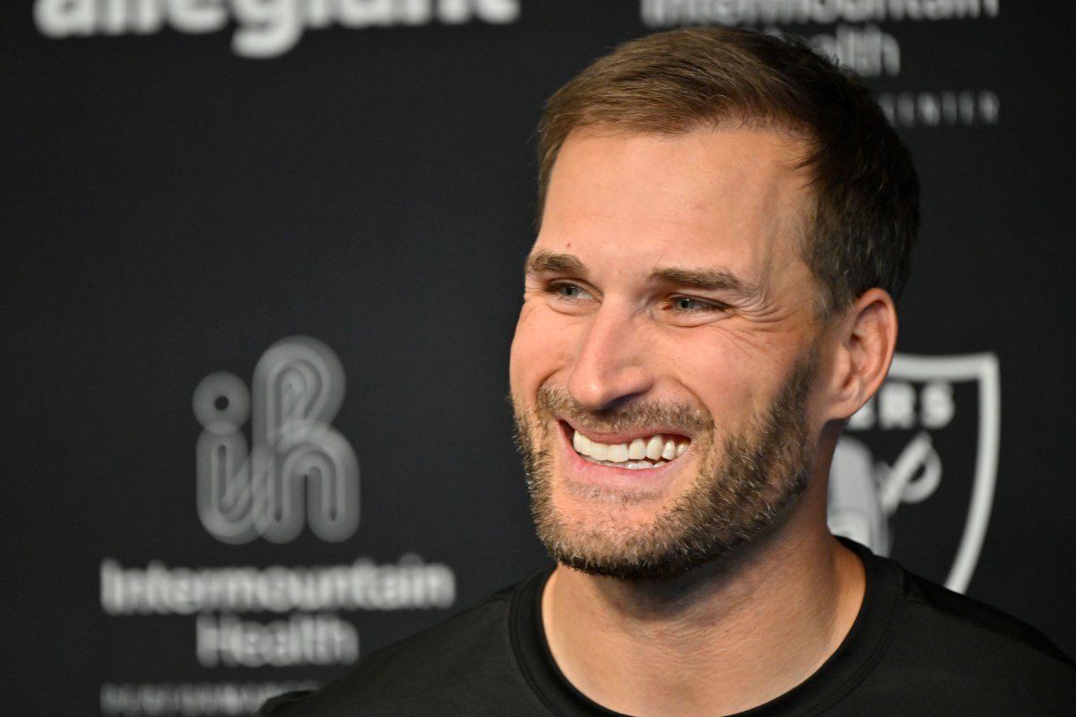 HENDERSON, NEVADA - APRIL 08:  Quarterback Kirk Cousins speaks during a news conference as he is introduced at the Las Vegas Raiders Headquarters/Intermountain Healthcare Performance Center on April 08, 2026 in Henderson, Nevada.  (Photo by David Becker/Getty Images)