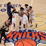 NEW YORK, NEW YORK - JUNE 10: OG Anunoby #8 of the New York Knicks celebrates with teammates after scoring the go-ahead basket against the San Antonio Spurs in the final seconds of the fourth quarter in Game Four of the 2026 NBA Finals at Madison Square Garden on June 10, 2026 in New York City. NOTE TO USER: User expressly acknowledges and agrees that, by downloading and or using this photograph, User is consenting to the terms and conditions of the Getty Images License Agreement. (Photo by Dustin Satloff/Getty Images)