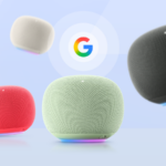 Ilustração de um alto-falante inteligente Google Home com o logotipo Gemini e Google Home na frente