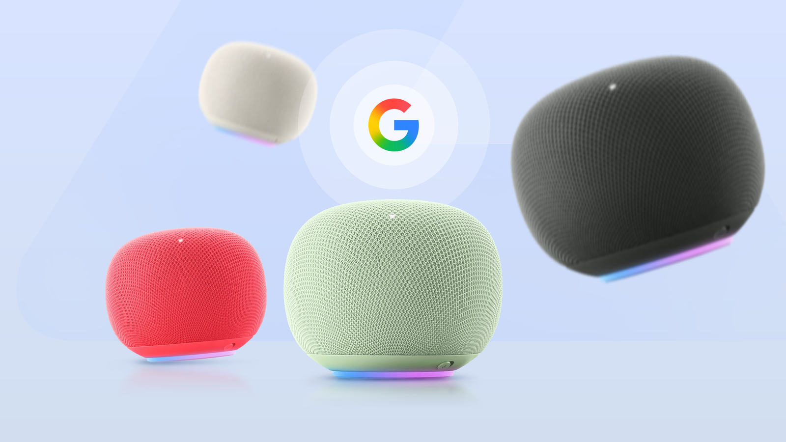 Ilustração de um alto-falante inteligente Google Home com o logotipo Gemini e Google Home na frente