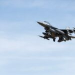 An F-16 comes in to land at RAF Lakenheath on April 11, 2025 in England. Photo by Dan Kitwood/Getty Images.