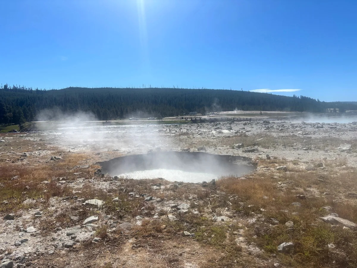 USGS - FOTO: Olhando para o sul, em direção a Black Diamond Pool (área azul fumegante no meio à esquerda) ao longo de uma fissura que se formou durante uma pequena explosão hidrotérmica em 13 de junho de 2026, em Biscuit Basin, Parque Nacional de Yellowstone.
