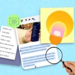 Colagem mostrando mãos segurando um smartphone, conectadas a listas de verificação flutuantes do Google Keep, notas e etiquetas coloridas contra um fundo amarelo.