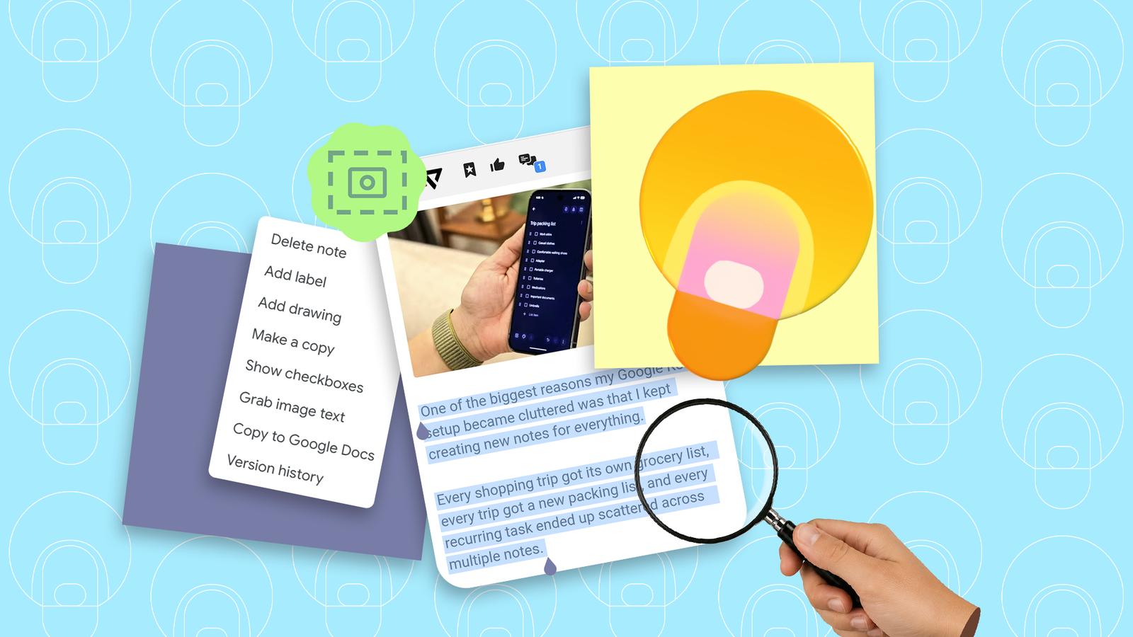 Colagem mostrando mãos segurando um smartphone, conectadas a listas de verificação flutuantes do Google Keep, notas e etiquetas coloridas contra um fundo amarelo.