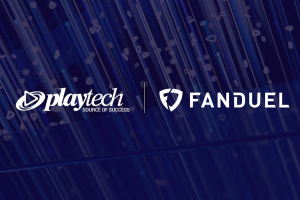 Gráfico de anúncio da parceria Playtech e FanDuel destacando o lançamento da rede iPoker da Playtech nos mercados regulamentados de pôquer online da América do Norte.