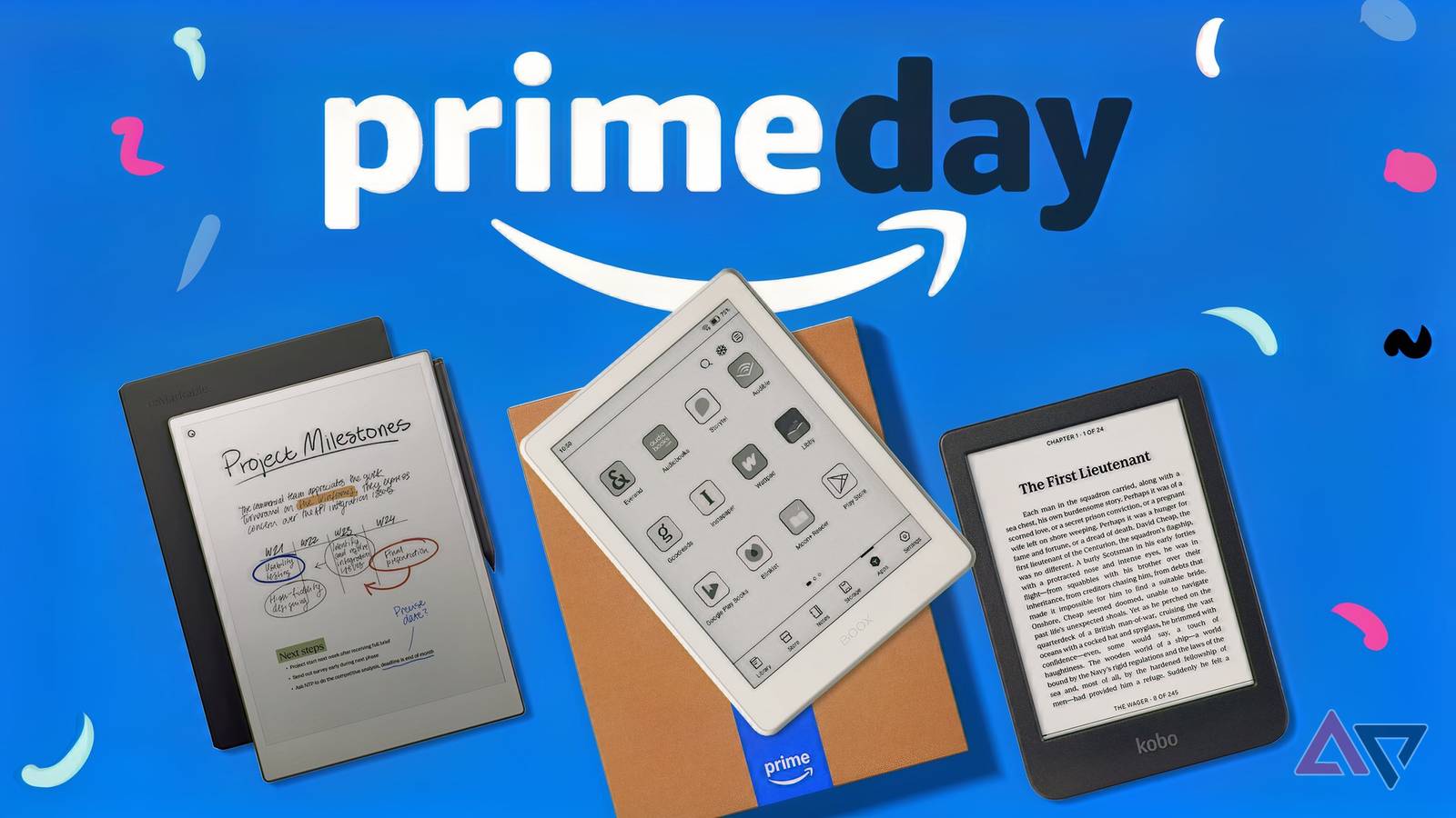 Leitores eletrônicos Kindle e Kobo cercados por pilhas de livros físicos coloridos.