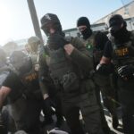 ICE agents clash with protesters outside the federal immigration center at Delaney Hall in Newark, New Jersey, where the agency is housing detained immigrants, on May 28, 2026.