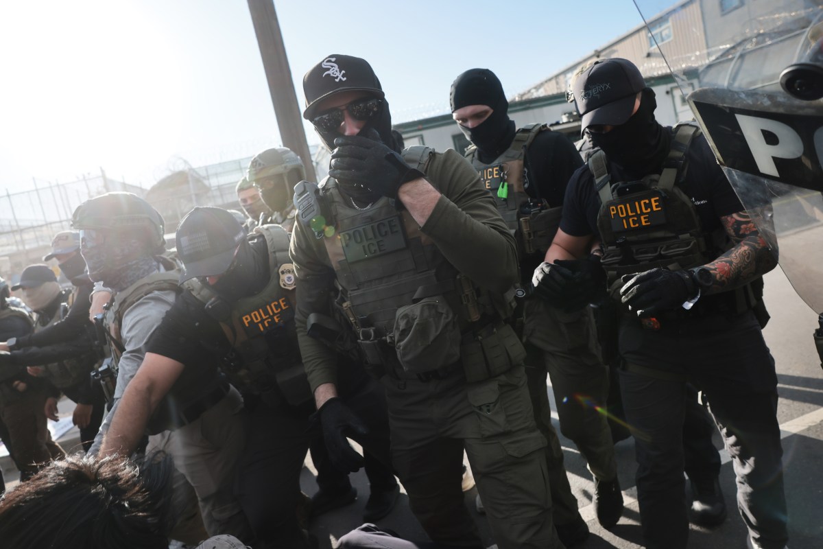 ICE agents clash with protesters outside the federal immigration center at Delaney Hall in Newark, New Jersey, where the agency is housing detained immigrants, on May 28, 2026.
