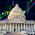 Capitólio dos EUA com gráfico do mercado de ações ilustrando a previsão da legislação do mercado, batalhas legais Kalshi, registros da CFTC e regulamentação do Congresso.