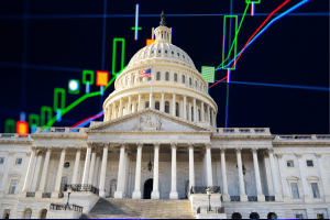 Capitólio dos EUA com gráfico do mercado de ações ilustrando a previsão da legislação do mercado, batalhas legais Kalshi, registros da CFTC e regulamentação do Congresso.