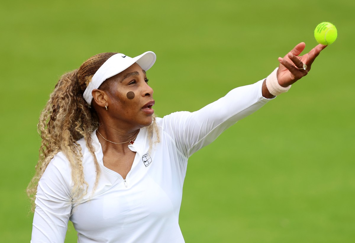LONDON, ENGLAND - JUNE 07: Serena Williams of the United States serves during a practice session ahead of the HSBC Championships at The Queen's Club on June 07, 2026 in London, England. (Photo by Luke Walker/Getty Images for LTA)