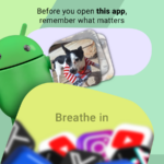 Ilustração de uma pessoa com olhos espirais segurando um smartphone parecendo atordoada com a palavra doomscrolling repetidamente em espiral no fundo