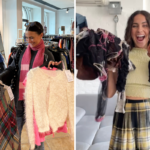 Two photos of Clow holding clothes in thrift stores.