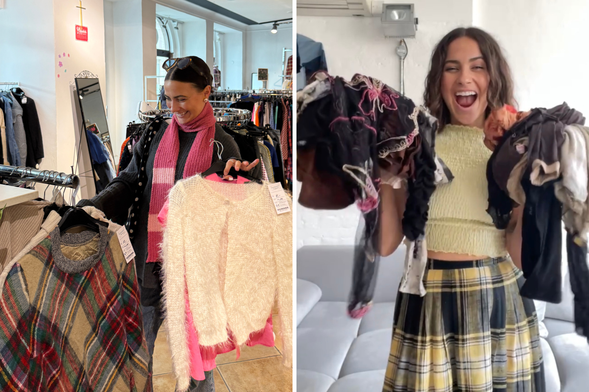 Two photos of Clow holding clothes in thrift stores.