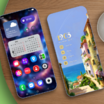 Uma mão organizando aplicativos na tela de um smartphone, cercada por vários ícones coloridos de aplicativos