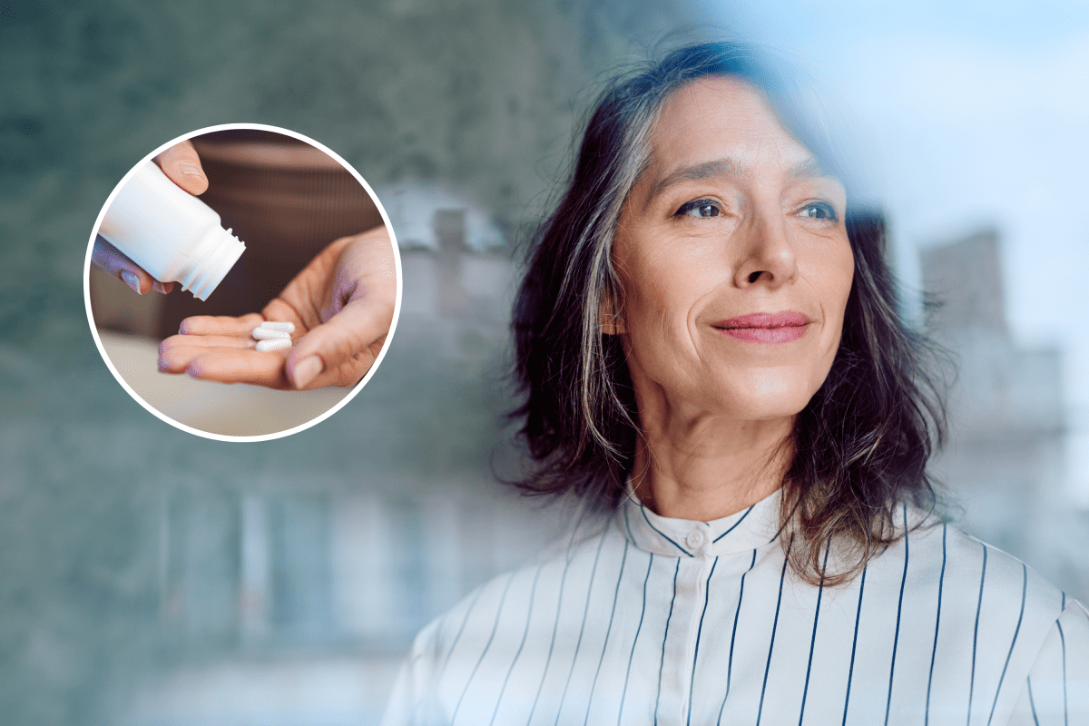 A mature woman looks to the distance (R); and a woman pouring supplement pills into her hand (L).
