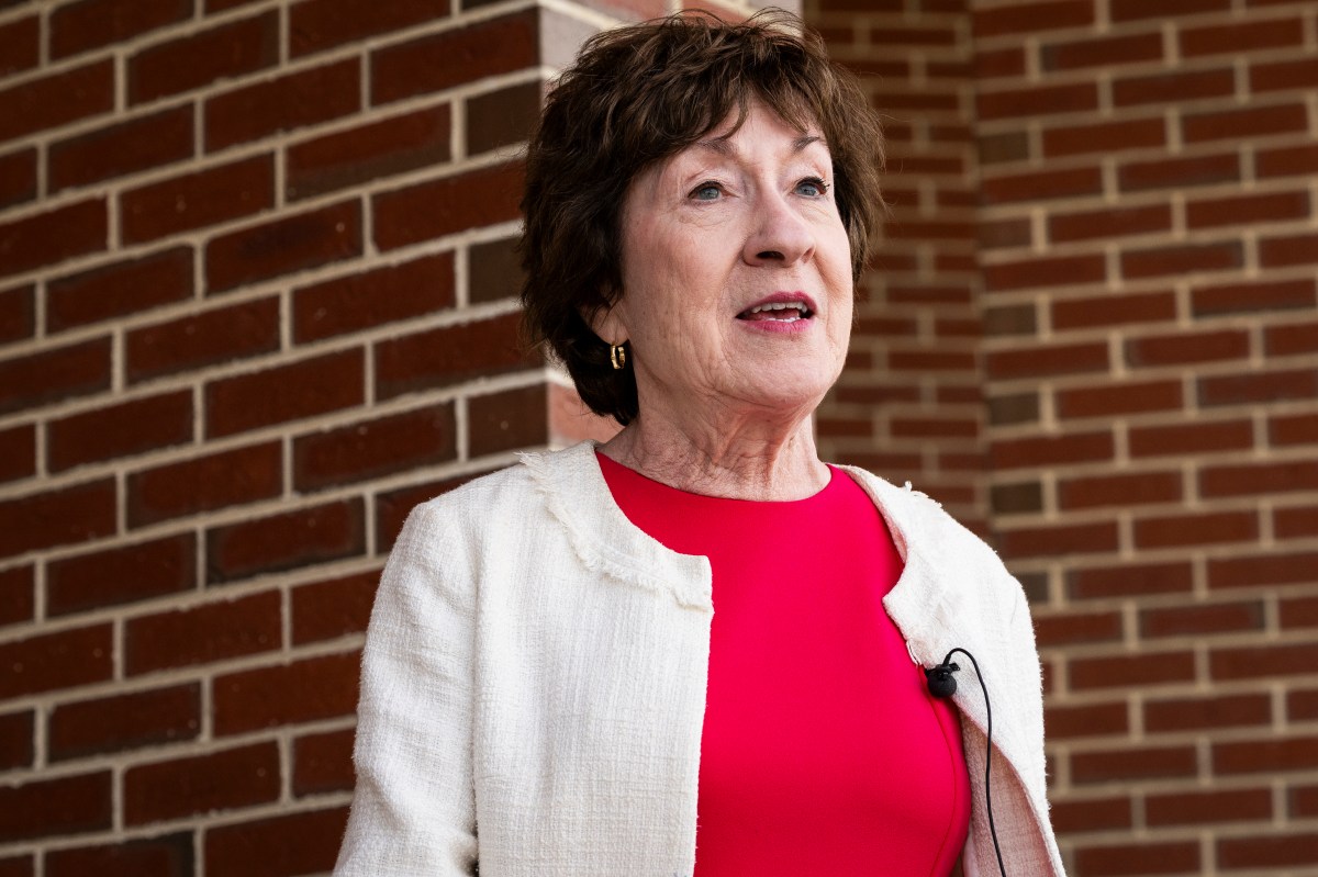 Maine Senator Susan Collins speaks to reporters at Bridgton Hospital in Bridgton, Maine, on May 5, 2026.