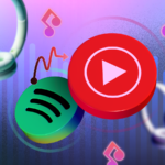 Fones de ouvido entre o logotipo do Spotify e o logotipo do YouTube Music com uma seta apontando do Spotify para o YouTube Music em um fundo vermelho
