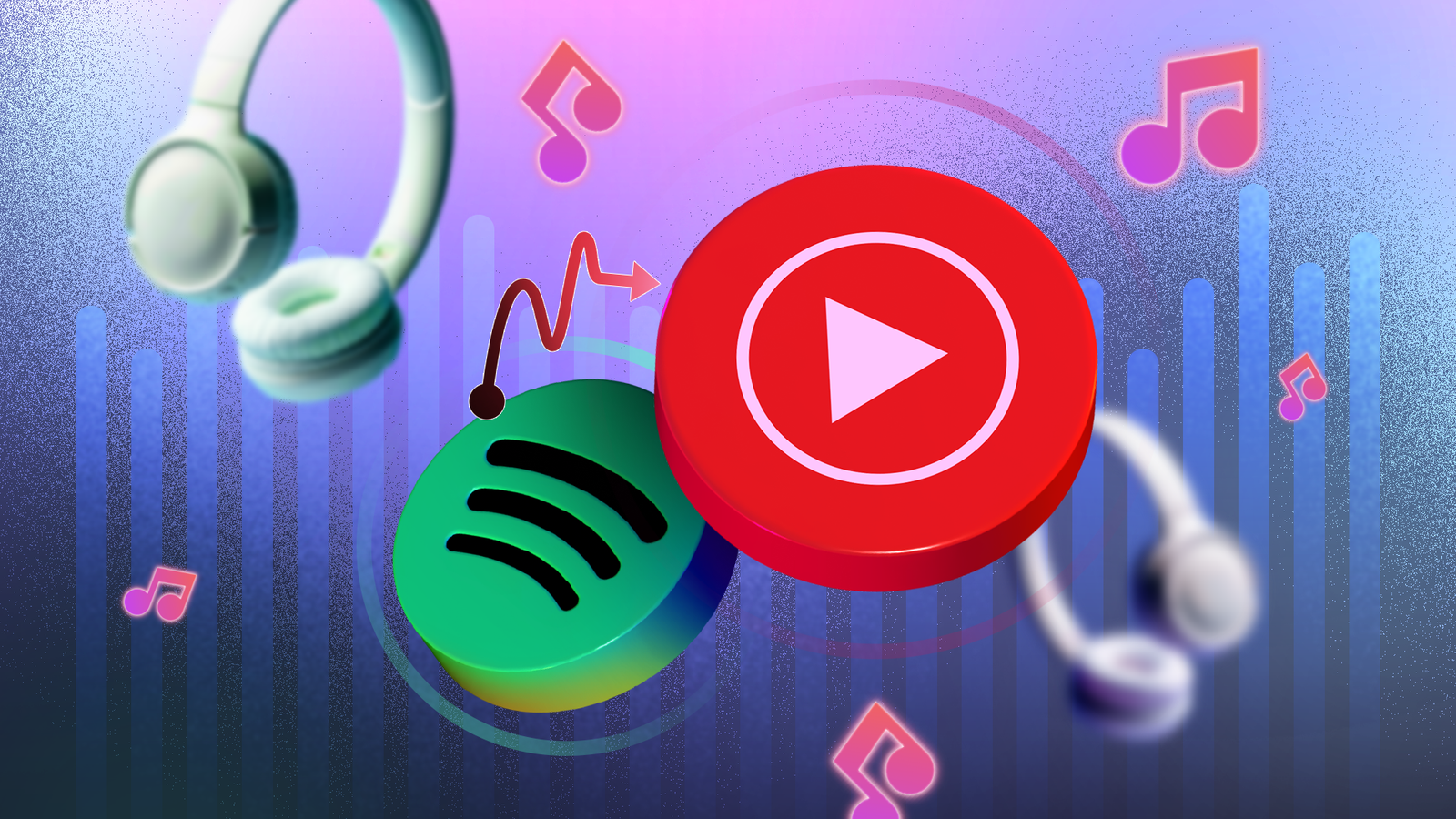 Fones de ouvido entre o logotipo do Spotify e o logotipo do YouTube Music com uma seta apontando do Spotify para o YouTube Music em um fundo vermelho