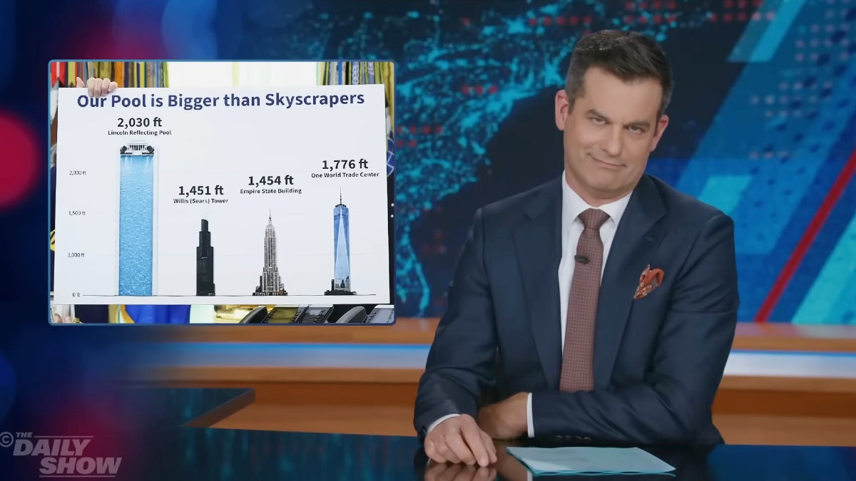 'The Daily Show' zomba do gráfico de arranha-céus de Trump: 'Coisas totalmente diferentes' | Vídeo