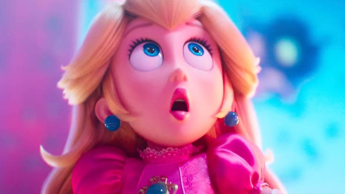 An animated blonde woman in a pink dress looks shocked