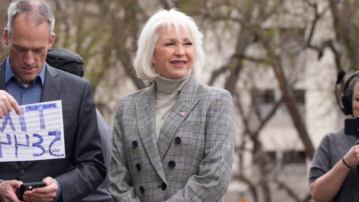 Mesa County, Colo., clerk Tina Peters talks on the west steps of the State Capitol Tuesday, April 5, 2022, in downtown Denver. (AP Photo/David Zalubowski, File)