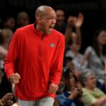 Washington Mystics coach Sydney Johnson has emotional reaction during WNBA game