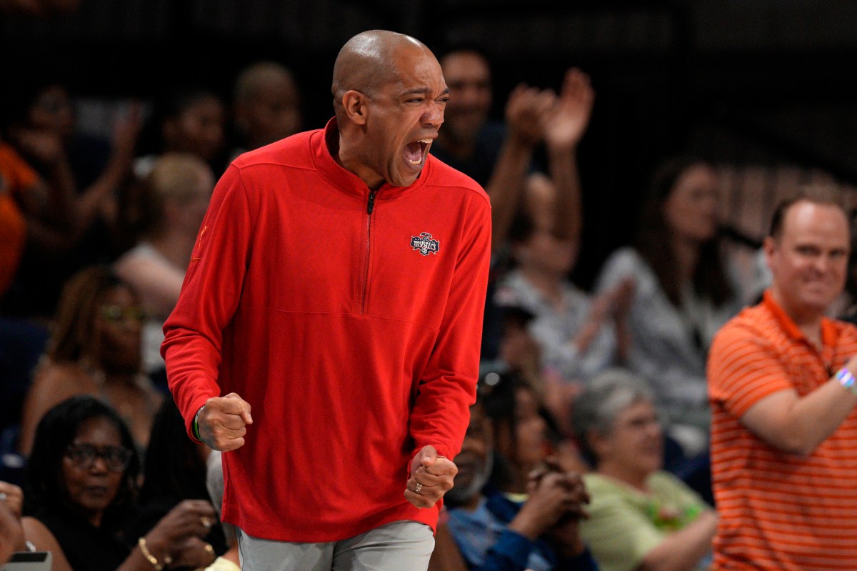 Washington Mystics coach Sydney Johnson has emotional reaction during WNBA game