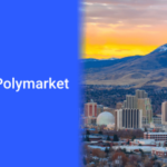 Logotipo da Polymarket e paisagem urbana de Reno, Nevada, representando a liminar do estado e a aplicação regulatória contra os mercados de previsão.